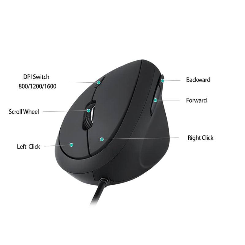 [Australia - AusPower] - Wired Ergonomic Mouse, Optical Vertical Mouse with 3 Adjustable DPI 800/1200/1600, 6 Buttons USB Computer Mouse Medium-Small 