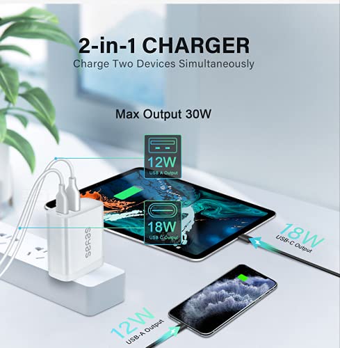 [Australia - AusPower] - USB Wall Charger, 30W 2 Port Charger with 18W USB C Power Adapter, Foldable Powerport PD Fast Charger for iPhone 12/12 Mini / 12 Pro / 12 Pro Max / 11 / X/XR/XS, iPad Pro, Pixel, Galaxy White 