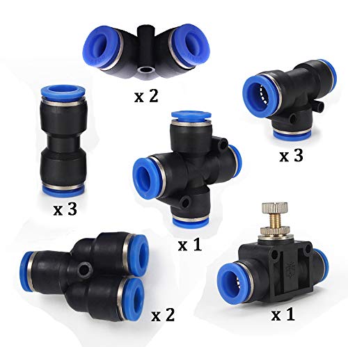 [Australia - AusPower] - 12mm Quick Fitting Set, Push to Connect Pipe Tube Fittings 15/32” Pneumatic Air line Connector 12Pcs (3 Straight, 2 Elbow, 3 Tee, 2 Splitter, 1 Hand Valve, 1 Cross) 