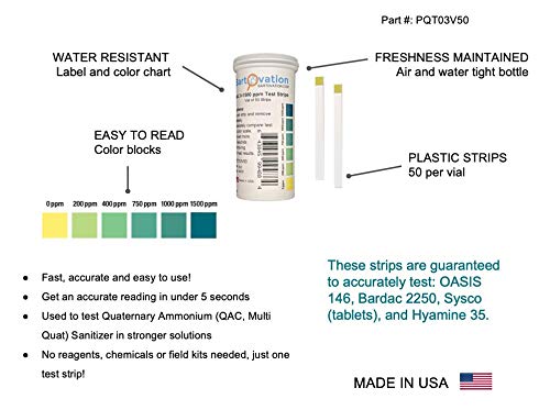 [Australia - AusPower] - Quaternary Ammonium (QAC, Multi Quat) Sanitizer Test Strips, 0-1500 ppm [Vial of 50 Strips] 