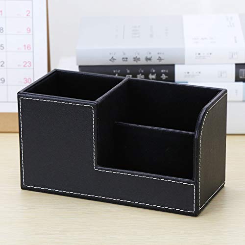 [Australia - AusPower] - Leather Multi-Function Desk Stationery Organizer Storage Box Pen/Pencil, Cell Phone, Business Name Cards, desk organizers (Black) Black 
