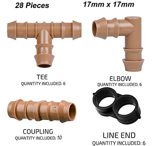 [Australia - AusPower] - Arfun 28P Drip Irrigation Fittings Kit (17mm) for 1/2" Tubing (.600" ID), 10 Couplings, 6 Tees, 6 Elbows and 6 Tubing End Closure - Barded Connectors for Drip or Sprinkler Systems(28 Pieces Set) 28pcs-drip irrigation kits 