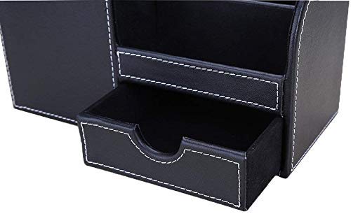 [Australia - AusPower] - KINGFOM Wooden Struction Leather Multi-function Desk Stationery Organizer Storage Box Pen/Pencil,Cell phone, Business Name Cards Remote Control Holder with Small Drawer Black 