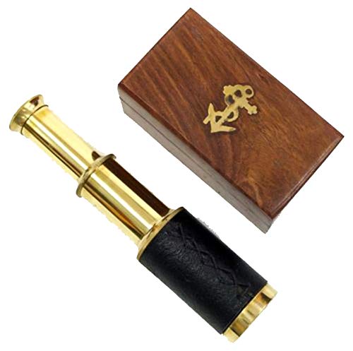 [Australia - AusPower] - 6" Brass Handheld Telescope with Wooden Box - Pirate Navigation with Anchor Wooden Box 
