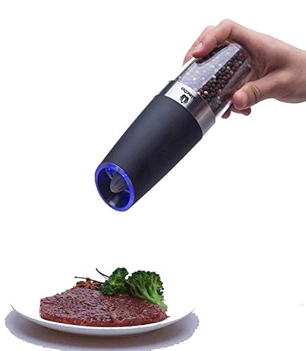 [Australia - AusPower] - Gravity Electric Salt or Pepper Grinder with Adjustable Coarseness Automatic Pepper and Salt Mill Battery Powered with Blue LED Light,One Hand Operated by aLBeDo Black 