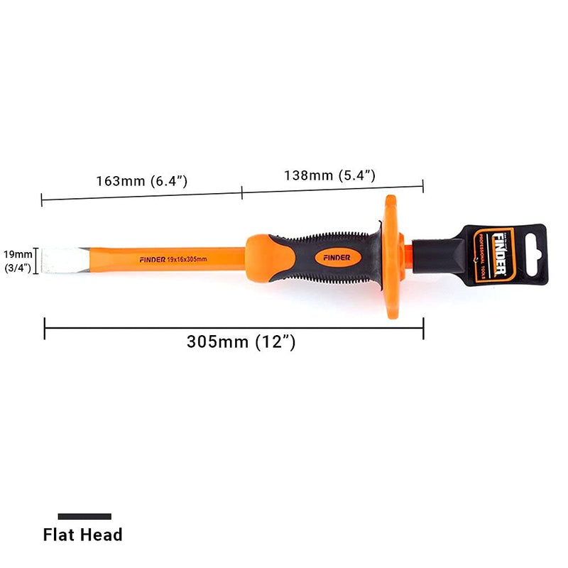 [Australia - AusPower] - Finder 12-Inch Heavy Duty Flat Chisel with Hand Protection, Flat Head, Demolishing/Masonry/Carving/Concrete Breaker Chisels with Bi-Material Hand Guard 1 