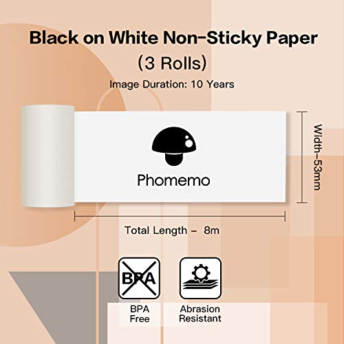 [Australia - AusPower] - Phomemo White Non-adhesive Thermal Paper for Phomemo M02/M02 Pro/M02S/M03, Black Character, 53mm x 8m, Diameter 30mm 