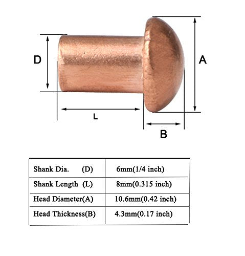 [Australia - AusPower] - YXQ 50 Pcs Copper Solid Rivets 1/4 Diameter 5/16 L Shank Copper Round Head Fasteners,M6x8 