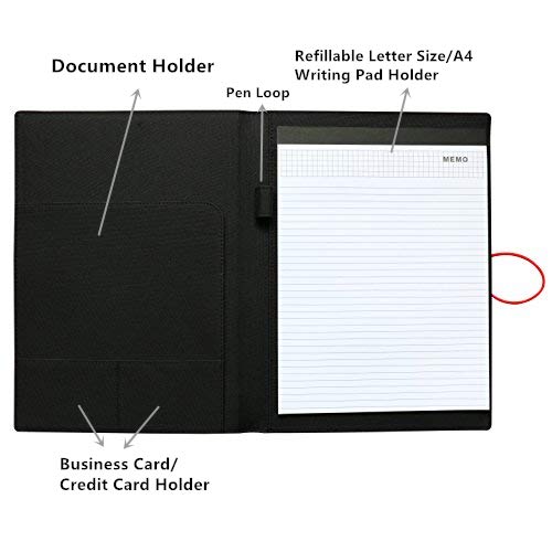 [Australia - AusPower] - NuVision Portfolio Leather Padfolio Binder, Business Planner File Folder with Elastic Band Closure, Writing Pad Notebook, Resume Document Organizer, Legal Pad for Women Men Black (Ver. 3) 