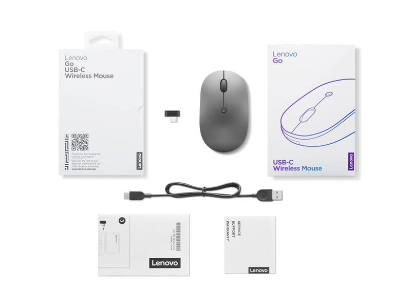 [Australia - AusPower] - Lenovo Go USB-C Essential Wireless Mouse, 2.4 GHz Nano USB-C Receiver, Adjustable DPI, Rechargeable Battery, Ambidextrous, GY51C21210, Grey 