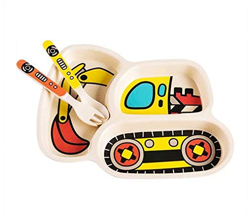 [Australia - AusPower] - Kid Plate Set Bamboo Toddler Plates Dinnerware Dinner Dish Set Baby Feeding Spill Proof Divided Plate - Baby Spoon and fork 3-Piece Set Teaches Child Portion Control Eco-Friendly (excavator/crane) excavator/crane 