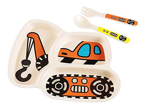 [Australia - AusPower] - Kid Plate Set Bamboo Toddler Plates Dinnerware Dinner Dish Set Baby Feeding Spill Proof Divided Plate - Baby Spoon and fork 3-Piece Set Teaches Child Portion Control Eco-Friendly (excavator/crane) excavator/crane 