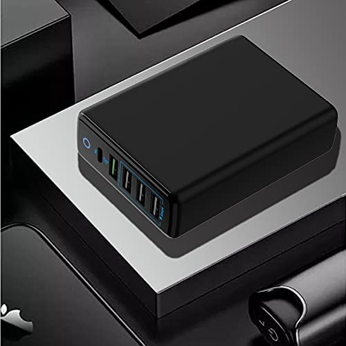 [Australia - AusPower] - Glacier Bear USB C Charging Station, 60W 5 Port USB Charger with 18W USB C Power Delivery Port, Quick Charge 3.0 & PD, 5 Ft Extension Cord, Compatible with iPhone,iPad, Galaxy, Pixel and More Black 