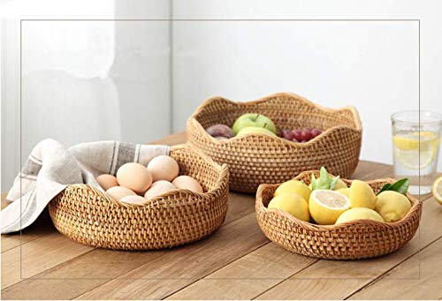 [Australia - AusPower] - Rattan Round Fruit Baskets, Wicker Storage Bowls, Natural Woven Serving Basket Bowls, Decorative Baskets for Kitchen Counter Organizing, set of 3 Wave 