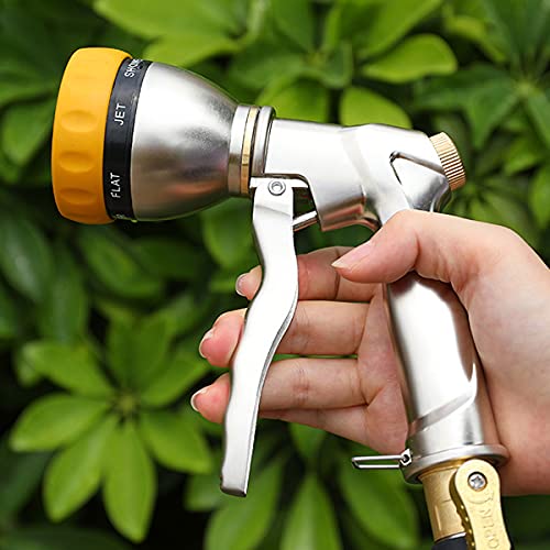 [Australia - AusPower] - FANHAO Garden Hose Nozzle Heavy Duty, 100% Metal Spray Nozzle High Pressure Water Hose Nozzle with 7 Patterns for Watering Garden, Washing Cars and Showering Pets Silver 