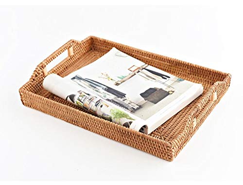 [Australia - AusPower] - DECRAFTS Hand-Woven Rattan Rectangular Serving Tray with Handles for Breakfast, Drinks, Snack for Coffee Table (14.5x10.2x1.4inches) 14.5x10.2x1.4inches 