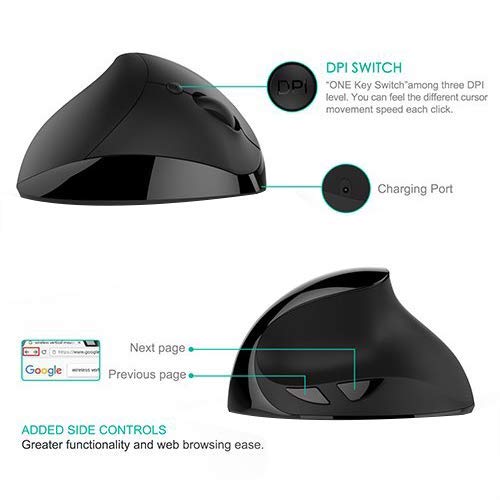 [Australia - AusPower] - Small Hand Ergonomic Mouse, LEKVEY Vertical Wireless Mouse - Rechargeable 2.4GHz Optical Vertical Mice : 3 Adjustable DPI 6 Buttons, for Laptop, PC, Computer, Desktop, Notebook etc, Black 