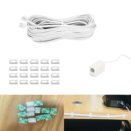 [Australia - AusPower] - 50 Feet Long Telephone Extension Cord Phone Cable Line Wire, with Standard RJ11 Plug and 1 in-Line Couplers and 15 Cable Clip Holders-White (White 15M) white 15M 