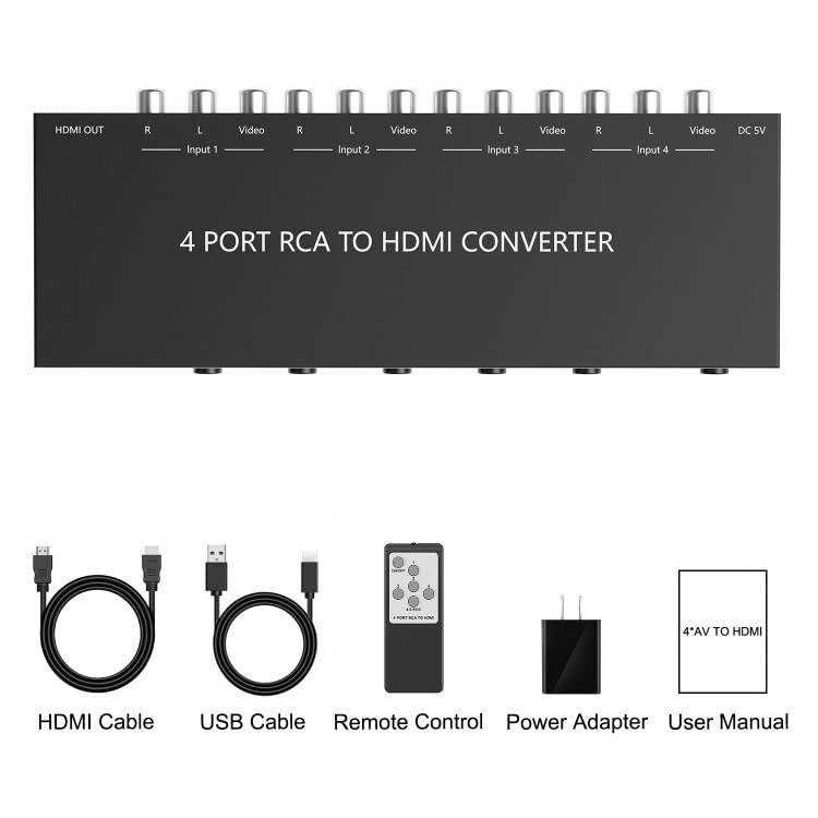 [Australia - AusPower] - 4 AV to HDMI RCA to HDMI Converter 1080P/720P 4 Way RCA Composite CVBS AV Switch to HDMI Converter Adapter Support 4:3/16:9 Switching for Sega Xbox PS1 PS2 PS3 N64 NGC SNES WII VHS VCR Camera DVD 