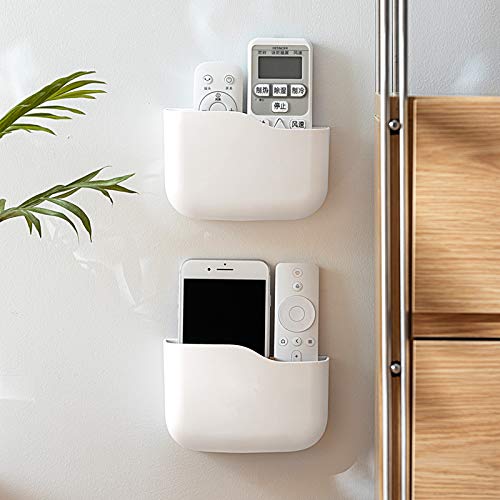 [Australia - AusPower] - SUNFICON Adhesive Remote Control Holder Wall Mount Media Player Controller Holder Universal TV Remote Organizer Caddy Box Tray Hollow Bottom Slot Easy Phone Charging Home Office Desk Nightstand White 