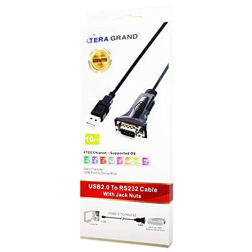 [Australia - AusPower] - Tera Grand - Premium USB 2.0 to RS232 Serial DB9 Adapter Cable 10 Feet - Supports Windows 11, 10, 8, 7, Vista, XP, 2000, 98, Linux and Mac - Built with FTDI Chipset and Hex Jack Nuts 10 ft 