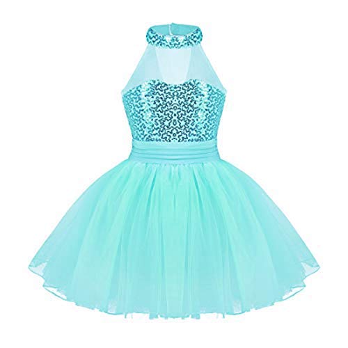 [Australia - AusPower] - Agoky Kids Girls Halter Sleveeless Sequins Mesh Ballet Tutu Dress Gymnastics Leotard Jumpsuit Lake Blue 8-10 