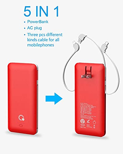 [Australia - AusPower] - 10000mAh Portable Charger, Ultra Slim Power Bank,4 Output and Dual Input External Battery Pack with Built-in AC Wall Plug Micro USB Type C Three Cables with USB Output Compatible with All mobilephone 