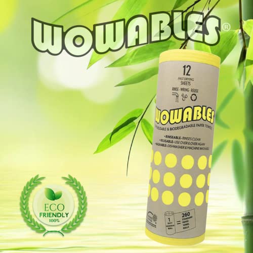 [Australia - AusPower] - Wowables Reusable & Biodegradable Paper Towel - Yellow | 12 Sheets | One Time Use Paper Towel Replacements – Replacing up to 5,304 Disposable Paper Towel Sheets. Dishwasher and Machine Washable 