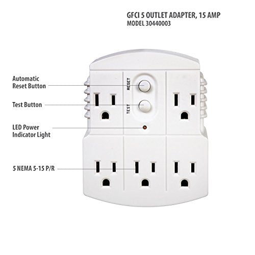[Australia - AusPower] - Tower Manufacturing 30440003 Auto-Reset 15 AMP Grounded 3-Prong GFCI 5-Outlet Adapter, White 