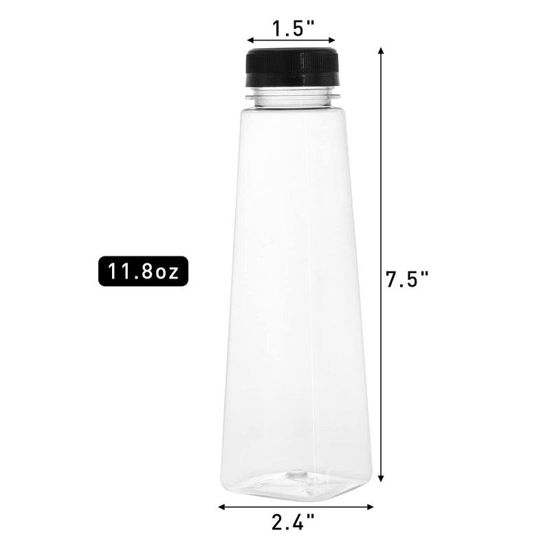 [Australia - AusPower] - Elsjoy 18 Pack Plastic Juice Bottle, 12 Oz Clear Beverage Bottle with Black Tamper Evident Caps, Reusable Bulk Drink Containers Portable Water Bottle for Juice, Smoothies, Milk, Pyramid Shape 