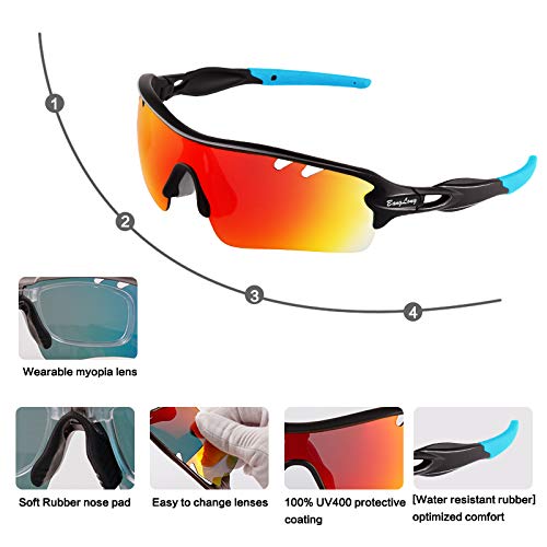 [Australia - AusPower] - Polarized Sports Sunglasses Cycling Sun Glasses for Men Women with 5 Interchangeable Lenes for Running Baseball Golf Driving Black Blue 