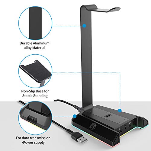 [Australia - AusPower] - RGB Headphone Stand with 7.1 Surround Sound, EKSA Gaming Headset Holder with USB & 3.5mm Ports, Headset Stand for Desk Perfect Gaming Accessories Gifts for Desktop Gamers, Suitable for Most Headphones 
