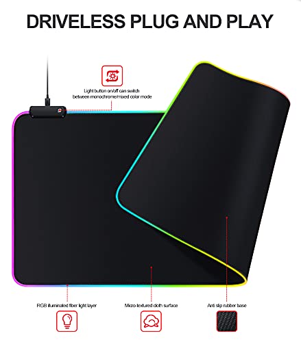 [Australia - AusPower] - Large RGB Gaming Mouse Pad -15 Light Modes Touch Control Extended Soft Computer Keyboard Mat Non-Slip Rubber Base for Gamer Esports Pros 31.5X11.8 