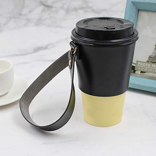 [Australia - AusPower] - PU Leather Drink Holder with Handle Tie Reusable Takeout Coffee Carrier Environmental Friendly Portable Drink Carrier for Coffee, Bubble Tea (Black) Black 