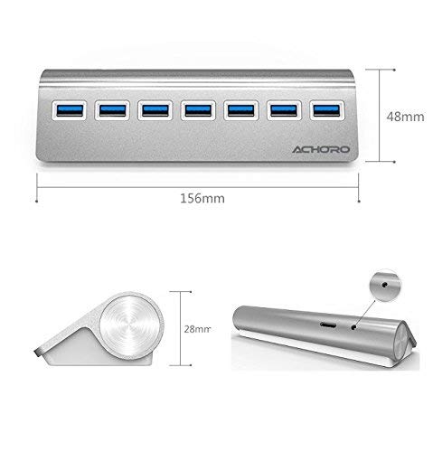 [Australia - AusPower] - Achoro 7 Ports USB 3.0 Hub - Triangle Aluminum Alloy - High-Speed USB Port Expander - Compatible with PC, iMac, MacBook, Windows, Desktop, and More – Computer Multiple USB HUB (Silver) Silver 