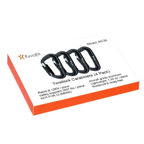[Australia - AusPower] - Favofit Auto Locking Carabiner Clips, 4 Pack, 12KN (2697 lbs) Heavy Duty Caribeaners for Camping, Hiking, Outdoor & Gym etc, Twistlock Carabiners for Dog Leash & Harness Black 