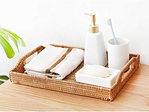 [Australia - AusPower] - DECRAFTS Hand-Woven Rattan Rectangular Serving Tray with Handles for Breakfast, Drinks, Snack for Coffee Table (14.5x10.2x1.4inches) 14.5x10.2x1.4inches 