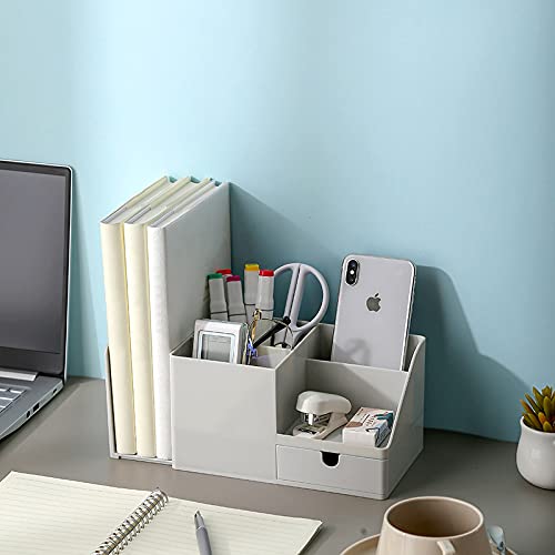 [Australia - AusPower] - Shoccolt Desk Organizer with Bookshelf White Desktop Organizers and Accessories Bookends Multifunctional Office Stationary Organizer with Drawer Plastic Makeup Storage Box (Small, Grey) Small Size 