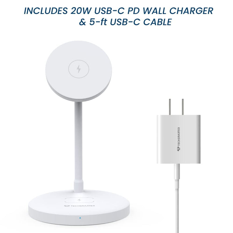 [Australia - AusPower] - Techsmarter 2-in-1 Magnetic Wireless Charger Pad & Stand with 20W USB-C Wall Charger & 5ft USB-C Cable. Compatible with iPhone 13, iPhone 12, & AirPods 
