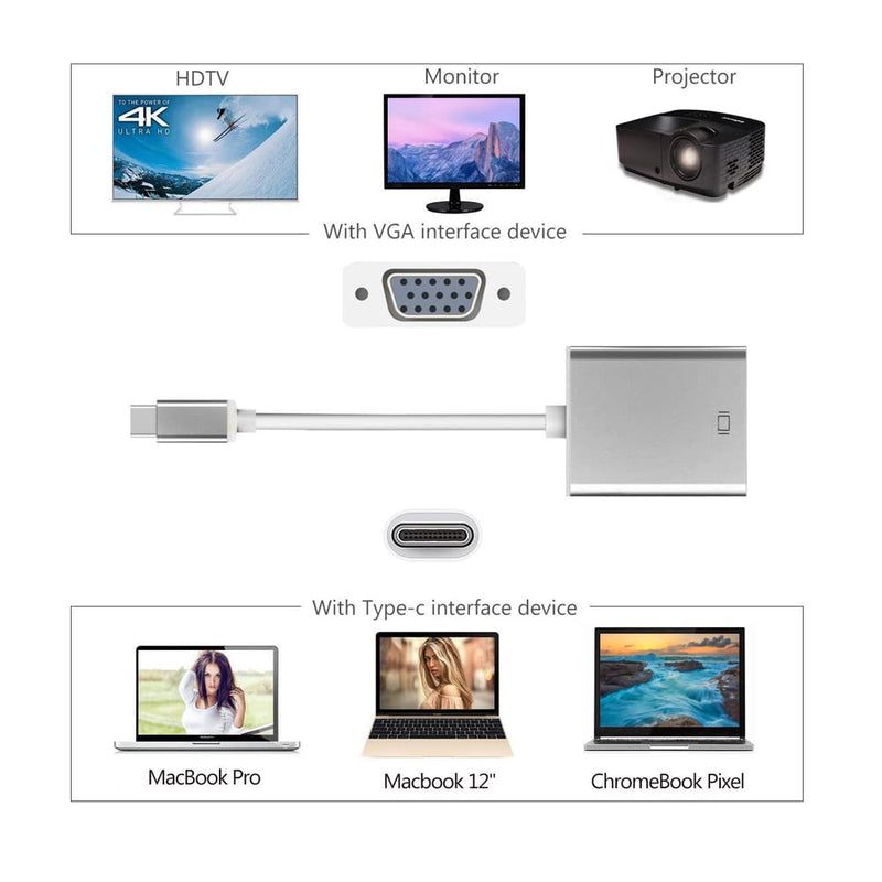 [Australia - AusPower] - Bincolo USB Type-C to VGA Adapter, USB-C to VGA, Thunderbolt 3 to VGA Adapter Compatible with MacBook, MacBook Pro, MacBook Air, iMac, XPS, Yoga and More 