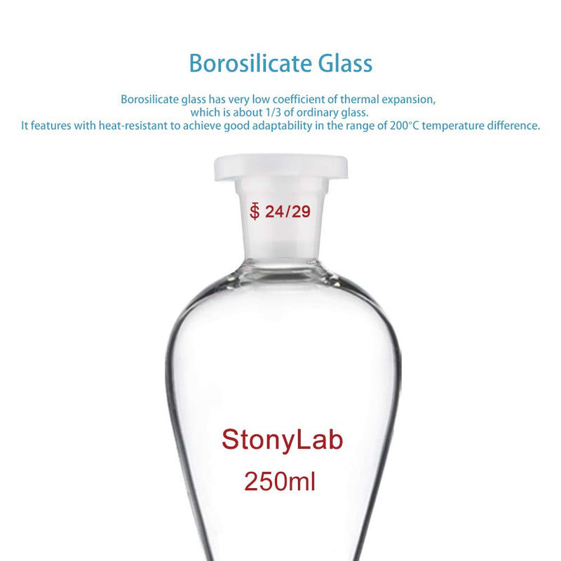 [Australia - AusPower] - StonyLab Borosilicate Glass 250ml Heavy Wall Conical Separatory Funnel with 24/29 Joints and PTFE Stopcock - 250ml 250 mL 