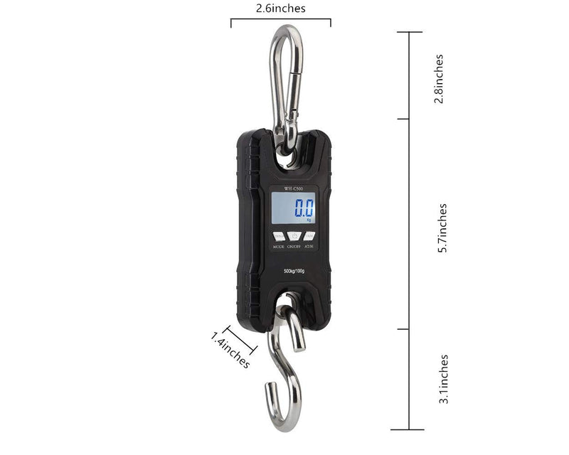 [Australia - AusPower] - Mini Crane Scale,Klau Portable 500 kg / 1000 lb Heavy Duty Digital Hanging Scales LCD Display with Backlight for Home Farm Market Fishing Hunting Black 