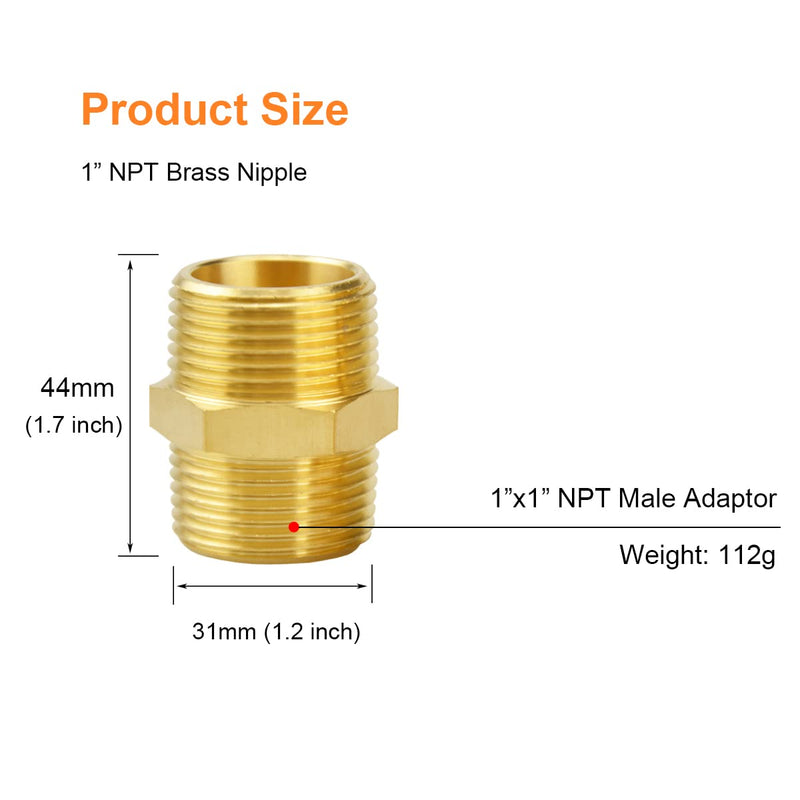 [Australia - AusPower] - (2-Pack) Besosay 1" NPT Brass Hex Nipple Coupler Fitting, 1''x1'' NPT Male Thread Adapter Connector 1''-1'' NPT Male 