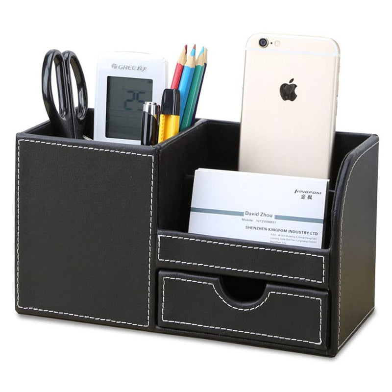[Australia - AusPower] - KINGFOM Wooden Struction Leather Multi-function Desk Stationery Organizer Storage Box Pen/Pencil,Cell phone, Business Name Cards Remote Control Holder with Small Drawer Black 