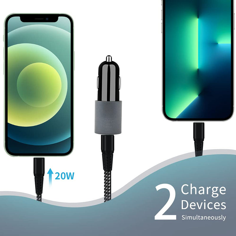 [Australia - AusPower] - COYZA Fast USB C Car Charger, 20W Dual PD Charging Port Cigarette Lighter Adapter with 2-Pack 3.3ft MFi Certified USB C to Lightning Nylon Braided Cable, Compatible with iPhone 13 Pro Max/12/11/X/8/SE Gray 