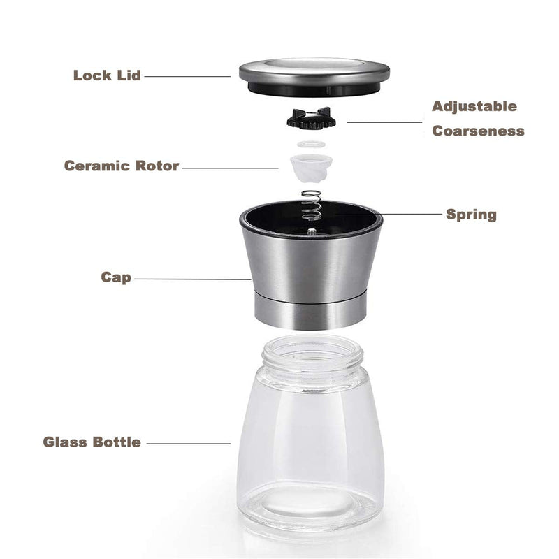 [Australia - AusPower] - Mincham Manual Salt or Pepper Grinder for Professional Chef, Best Spice Mill with Stainless Steel Cap, Ceramic Blades and Adjustable Coarseness, Refillable Glass Body with 6OZ Capacity Silver single 