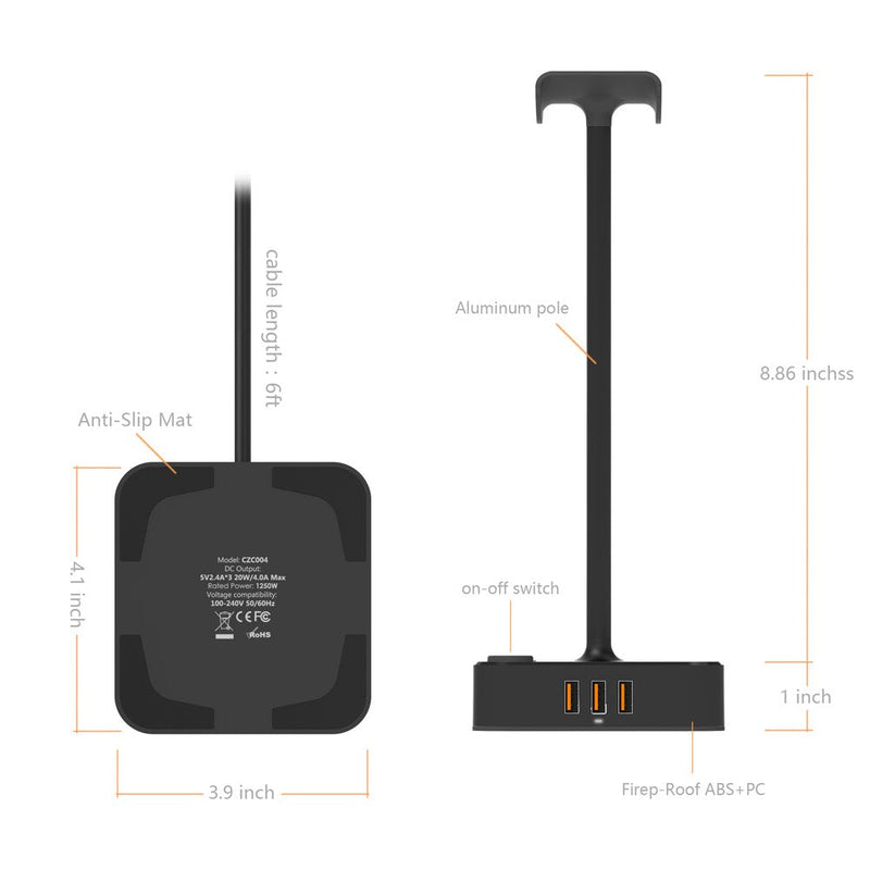 [Australia - AusPower] - Headphone Stand with USB Charger COZOO Desktop Gaming Headset Holder Hanger with 3 USB Charger and 2 Outlets - Suitable for Gaming, DJ, Wireless Earphone Display (Black) 1.Black 