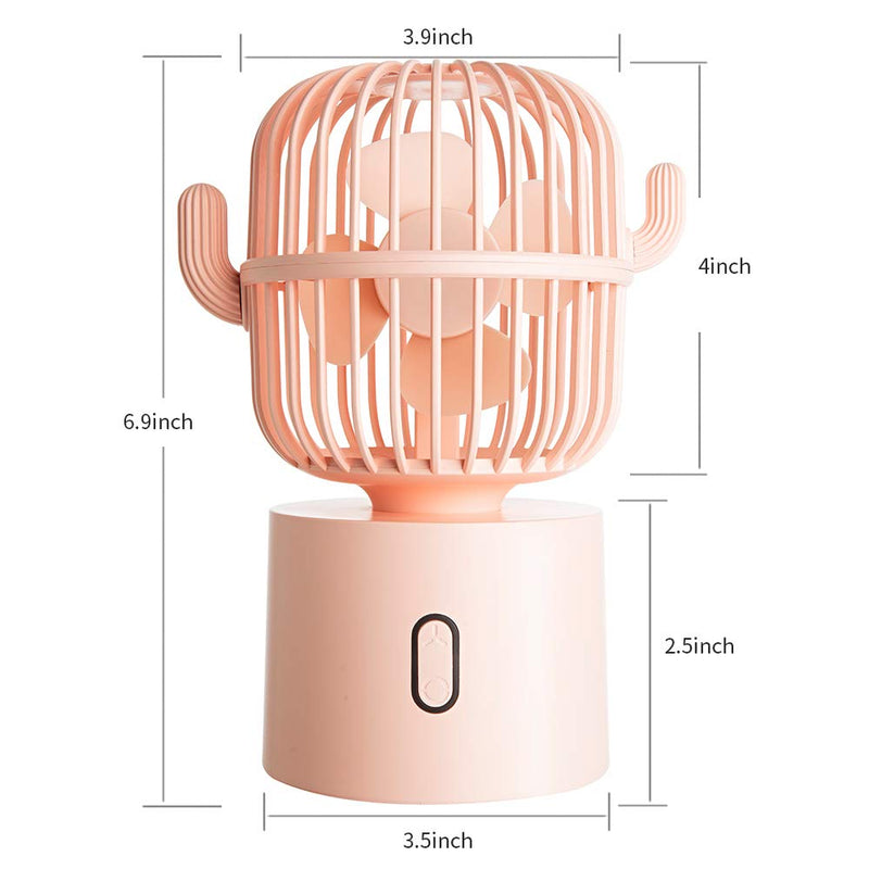 [Australia - AusPower] - Small Desktop USB Table Desk Fan Personal Fan, Cactus Mini Handheld Rechargeable 80 Degree Auto Rotation Portable Fans, 3 Speeds Strong Wind, Quiet Operation Fan for Girls Baby Room Home Office Pink 
