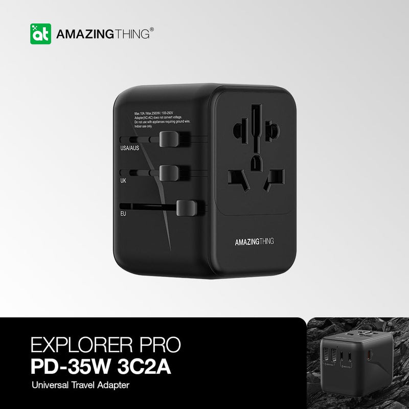 [Australia - AusPower] - AMAZINGTHING Universal Travel Adapter Worldwide, 35W GaN International Travel Plug Adapter with 3 USB-C and 2 USB-A Ports, Charger with UK EU AU US JP CN Plugs for Tablets and Phones, Explorer Pro 