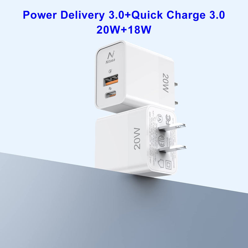 [Australia - AusPower] - 20W USB C Wall Charger,NITASA 2-Pack Dual Port Fast PD+Quick Charge 3.0 Charger Block Plug for iPhone 13 12 11 Pro Max SE/XR/X iPad Galaxy Pixel,USB C Power Adapter for iPhone 13/12 13 Pro Max 13 Mini White-2PACK 